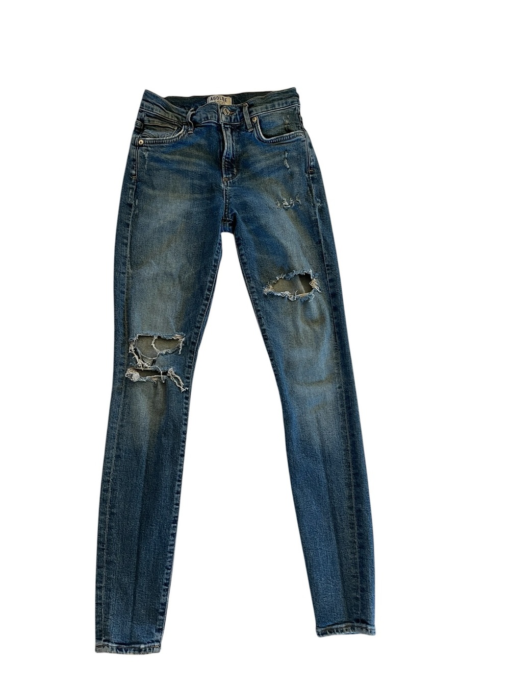 AGOLDE Distressed Straight Leg Jeans 24 Mid Rise Raw Knee Wash Model Off Duty - Picture 2 of 9